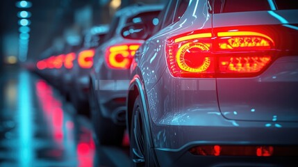 Night Lights: A Row of Sleek Vehicles Glowing Underneath the City's Illumination