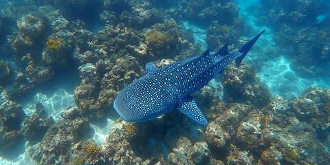 Fototapeta premium Majestic Whale Shark Swimming in Vibrant Coral Reef Ocean Underwater Scene