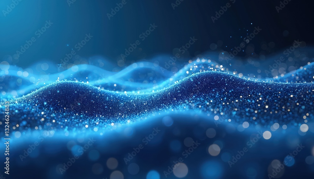 Poster Futuristic abstract blue background. Digital glowing dots create wavy pattern, modern tech concept. Virtual cyberspace design element for network, science, datum, waveform visualisations or wallpaper.
