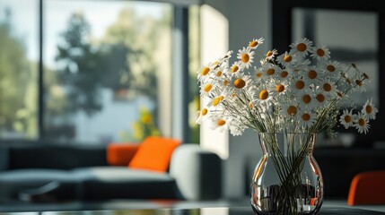 Modern high-tech interior featuring a vase of daisies and lush natural light streaming through large windows