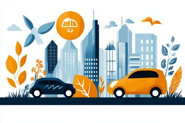 A colorful digital illustration of a bustling green city with electric vehicles, solar-powered buildings, and rooftop gardens, all interconnected by smart technology