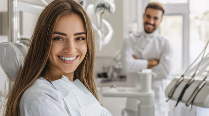Fototapeta premium Dentist with a patient, both smiling, surrounded by advanced dental tools in a bright clinic.