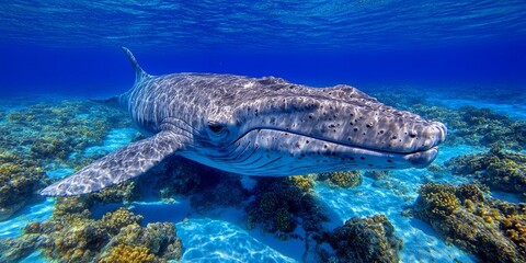 Naklejka premium Majestic Humpback Whale Gracefully Swimming Through Vibrant Coral Reef Underwater Scene