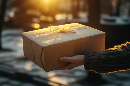 Brown parcel box being held. A hand giving a wrapped gift. Simple present with string in sunlight. Delivery concept package.