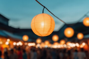 Fototapeta premium colorful festival scene with bustling crowd stalls adorned with vibrant lights and joyful people enjoying atmosphere