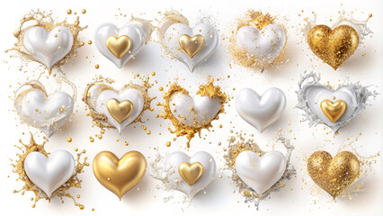 Luxurious 3D hearts in gold and white, adorned with glitter and metallic accents. Ideal for upscale wedding themes, romantic celebrations, or premium Valentine's designs