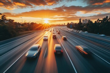 Obraz premium Road cars moving at sunset. Orange sky above highway. Cityscape in distance. Evening travel on freeway. Vehicle traffic with sun rays.
