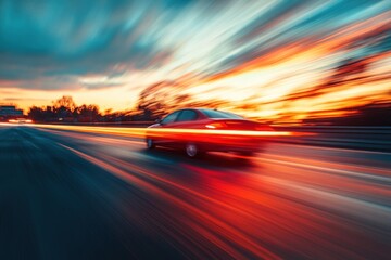 Red car moves fast on highway. The sky is orange and blue at sunset. Motion blur shows high speed.