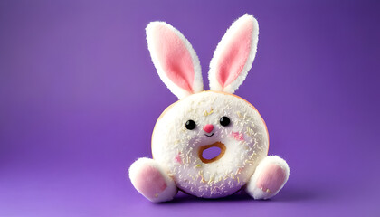 Obraz premium bagel, donut, like, a, rabbit, bunny, easter, white, in, the shape, of, minimal, card, design, on, solid, violet, background, teddy, bear, toy, animal, holiday, hare, cartoon, pink, egg, spring, eggs,