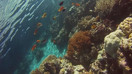 Obraz premium Colorful fish swim near coral reef under the ocean surface