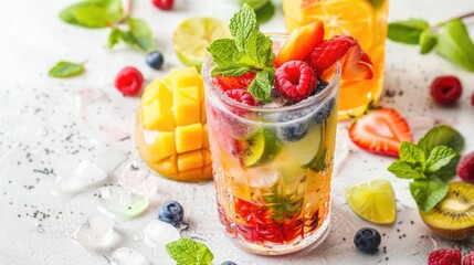 Refreshing healthy cocktail made from blended fruits served in a glass with garnishes