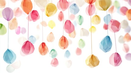 Fototapeta premium Colorful origami balloons hanging against bright white background