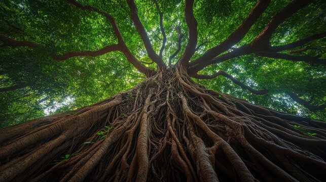 Lush tropical tree roots and canopy, upward view, forest environment. Possible use Nature background