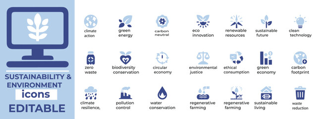 Eco friendly sustainability and environment vector set perfect for green projects, branding, and activism. Fully editable