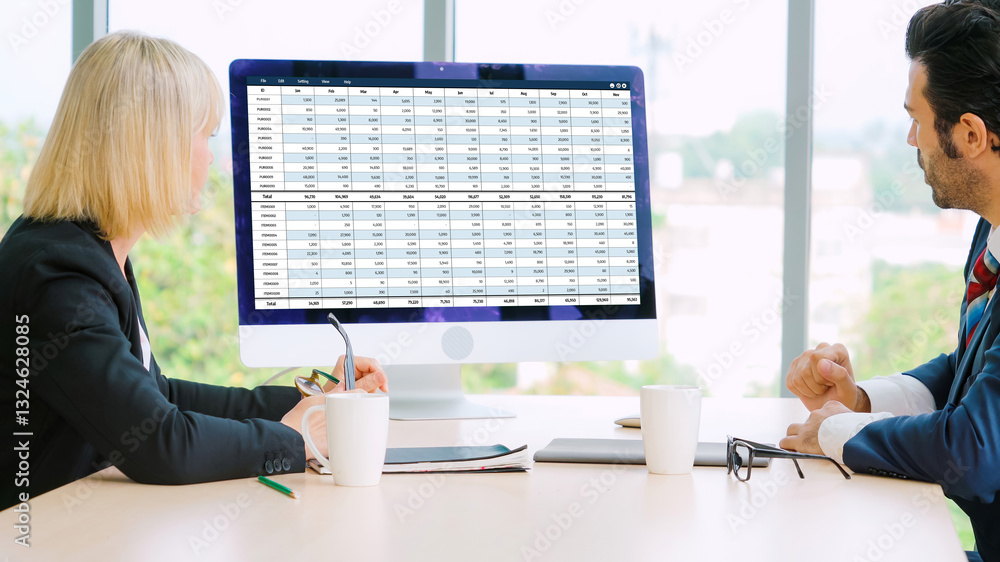 Poster accounting software on computer screen showing financial statement spreadsheets and account balance 