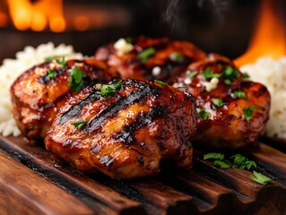 Succulent BBQ Chicken: Savor the taste of grilled barbecue chicken, beautifully presented with perfectly cooked rice, evoking warmth and deliciousness, and setting the stage for a satisfying meal.