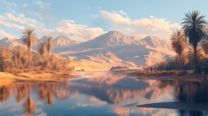 Fototapeta premium A scenic landscape features palm trees mountain ranges and calm water