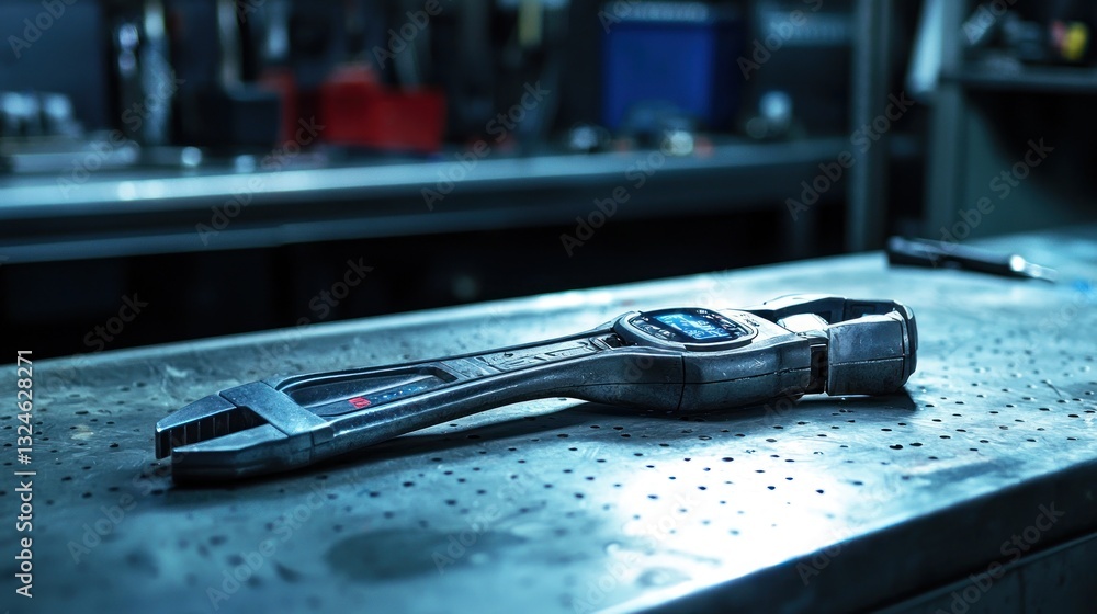 Poster digital torque wrench on a metallic workbench in a workshop.