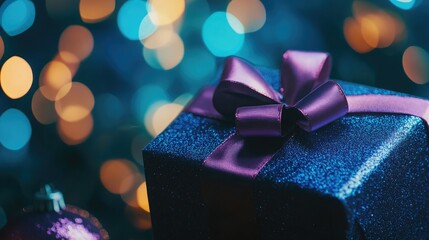 Gift box with ribbon on a festive background celebrating the new year with vibrant colors and twinkling lights