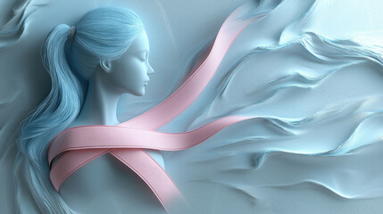 Serene woman with flowing hair and pink ribbon on textured blue background. Pink Ribbon, Breast Cancer Awareness Symbol, Cancer Solidarity Emblem - Global Health Campaign