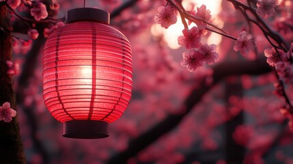 Fototapeta premium Red lantern hanging among blossoming cherry trees at dusk. Chinese New Year, Lunar New Year, Spring Festival, Chunjie - Asian Cultural Celebration, Eastern Calendar Holiday