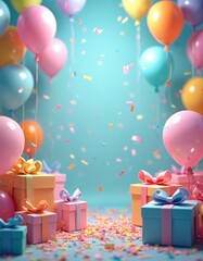 Festive vibrant birthday party with pastel balloons, falling confetti, gift boxes. Fun cheerful decor elements for special occasion, children event, celebration. Blue, pink, orange, yellow, green