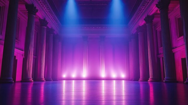 Majestic interior with purple and blue lighting in grand hallway with columns