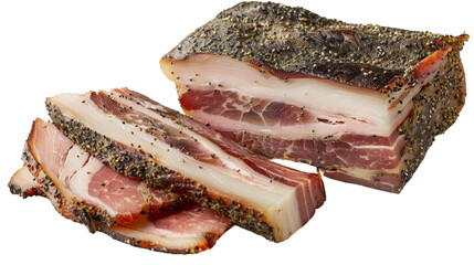Delicious seasoned bacon with black pepper resting on transparent background