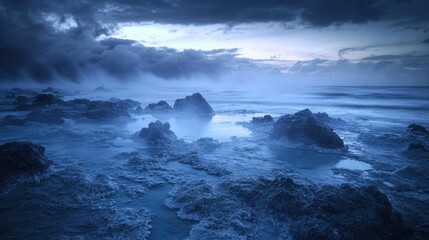 Obraz premium Dramatic coastal scene at dawn, misty rocks and ocean.