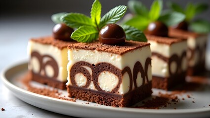 A close-up photo of a plate of chocolate mousse cake. The cake has multiple layers of white mousse, chocolate cake, and chocolate ganache.
