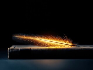 Glowing Golden Feather on a Book Symbolizing Knowledge and Inspiration, Dark Background, Creative Concept