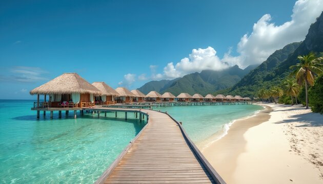 View of wooden beach pavilions and bungalows on sandy shore. Luxury hotel resort on lagoon, sea with turquoise water on vacation. Exotic travel destination with palm trees, mountains and boardwalk.