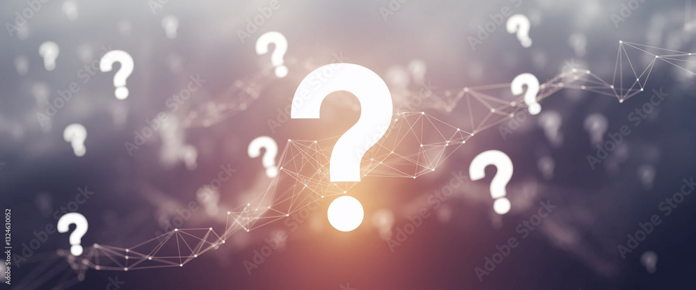 Poster Abstract background with question marks on a network, symbolizing uncertainty, inquiry, or problem-solving.  Ideal for websites or presentations needing a questioning theme.