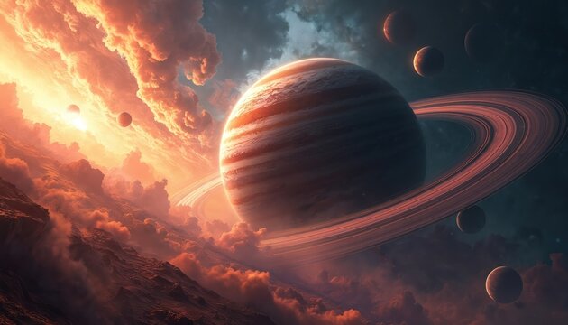 Gas giant planet with red swirling clouds, rings orbiting. Other moons in background, cosmos view. Astronomy, science, universe, cosmic exploration. Fantasy background, space wallpaper. - Powered by Adobe