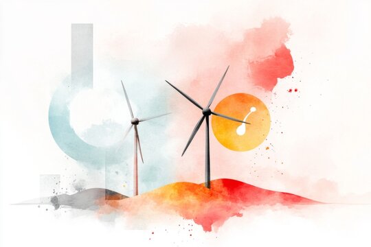 A dreamy watercolor scene of wind turbines on rolling hills, with a light footprint subtly visible in the clouds above