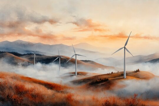 A dreamy watercolor scene of wind turbines on rolling hills, with a light footprint subtly visible in the clouds above