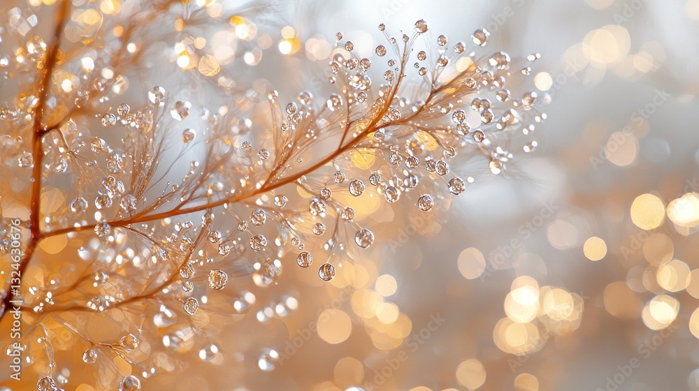 Poster dew-covered branch with bokeh background.
