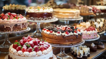 Delicious assortment of cakes displayed in a cozy cafe with enticing toppings and decorations