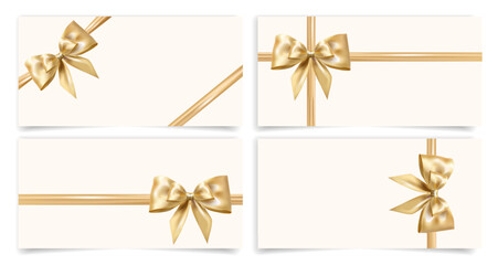 Elegant gift cards templates set with realistic golden ribbons and bows. Perfect for gift vouchers, certificates, event invitations, holiday greetings, and luxury branding. Vector illustration