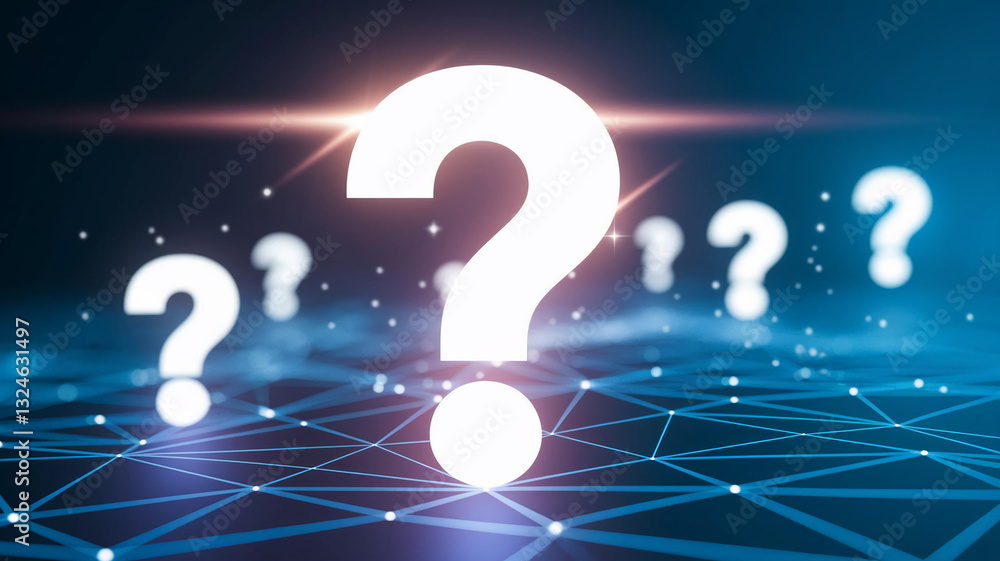 Poster Large white question mark on a blue network background, smaller question marks blurred in the distance, representing uncertainty, inquiry, or problem-solving