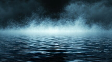 Fototapeta premium Dark water reflecting blue fog and light.