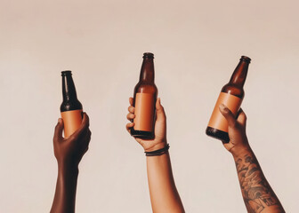Vintage grainy photo of three Afro-American hands raising beer bottles in the air. Concept of clinking beer bottles, cheerfulness, festive spirit, celebration, cheer