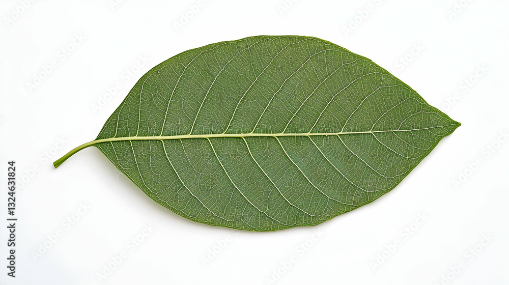 Poster detailed green leaf isolated on white background with intricate vein patterns and translucent textur