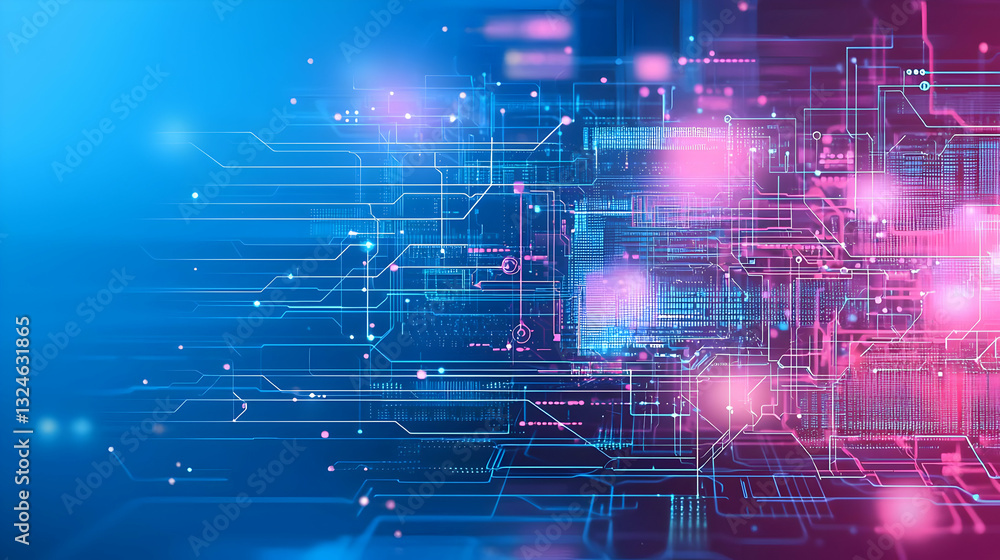 Poster abstract digital network illuminated with blue and pink light lines creating futuristic technologica