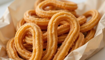 Golden brown Churros with crispy outer layer of sugar coating served in a paper bag, perfect for a sweet and satisfying treat.