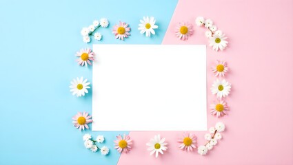 blank white card in the center of a pastel-colored background, divided into two sections. The left section is a soft blue, and the right section is a soft pink.