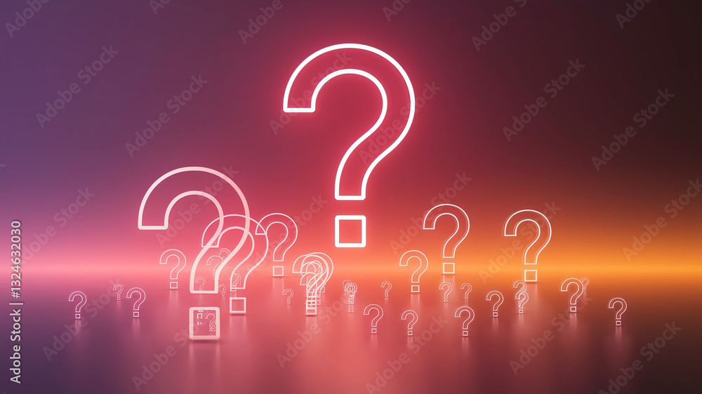 Poster Numerous glowing question marks in red-orange gradient background, showcasing uncertainty, inquiry, or FAQ concept.  Free space for text