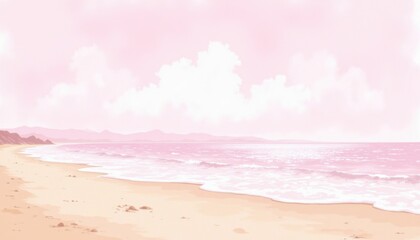 A serene sea beach scene depicted in watercolor style, featuring soft pink pastel tones that beautifully capture the tranquil and calming essence of the sandy shore