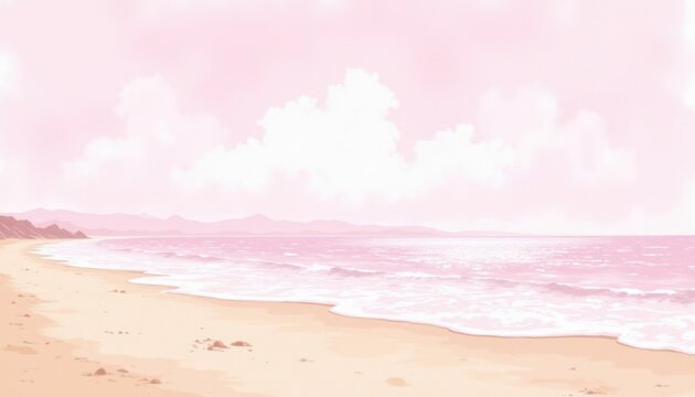 A serene sea beach scene depicted in watercolor style, featuring soft pink pastel tones that beautifully capture the tranquil and calming essence of the sandy shore
