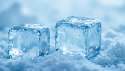 A close up image of frozen ice cubes with water droplets clinging to their surfaces, set against a soft blue tinted background.